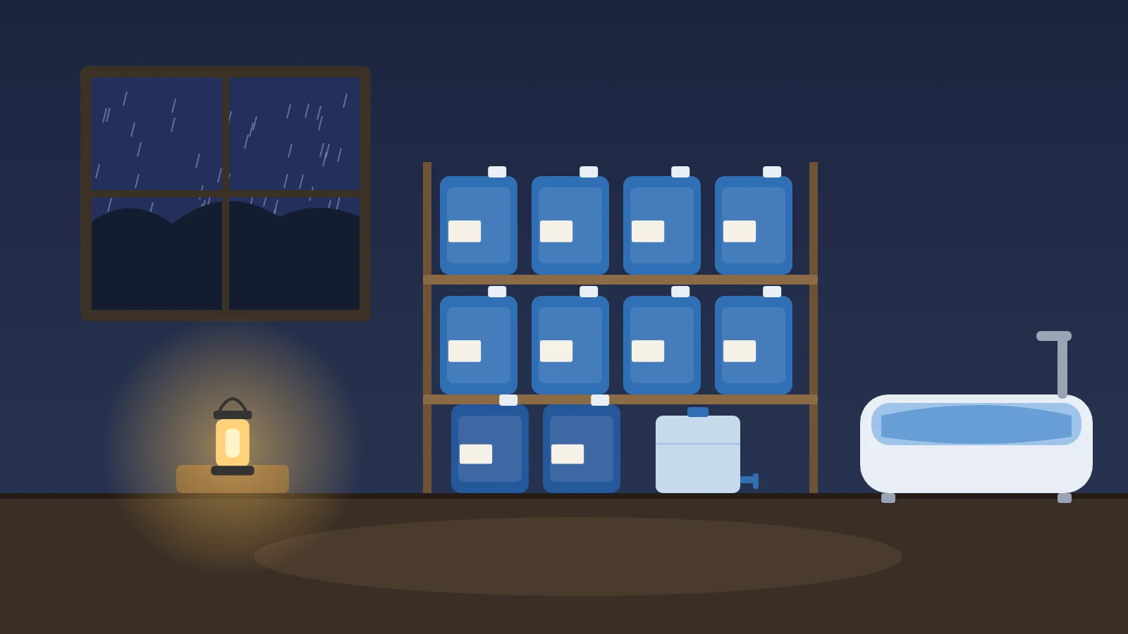 Illustration: a home storage shelf at night during a rainy power outage, stacked with blue 5-gallon water containers, a collapsible water cube with a spigot on the floor, a bathtub filled with a water storage bladder, and a battery lantern