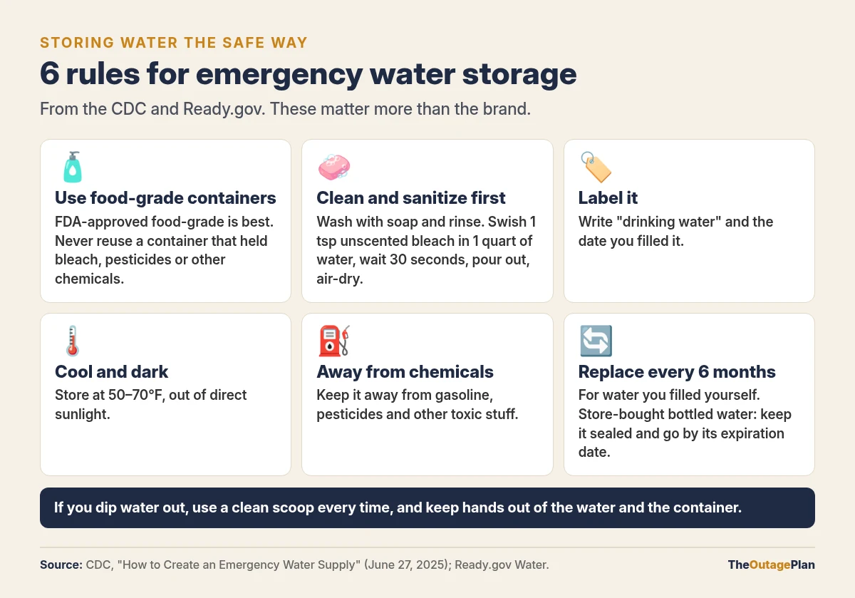 Six water storage rules from the CDC and Ready.gov: use food-grade containers and never reuse chemical containers; clean and sanitize with 1 teaspoon unscented bleach per quart; label with drinking water and the date; store at 50 to 70 degrees F out of direct sunlight; keep away from gasoline and pesticides; replace self-filled water every 6 months