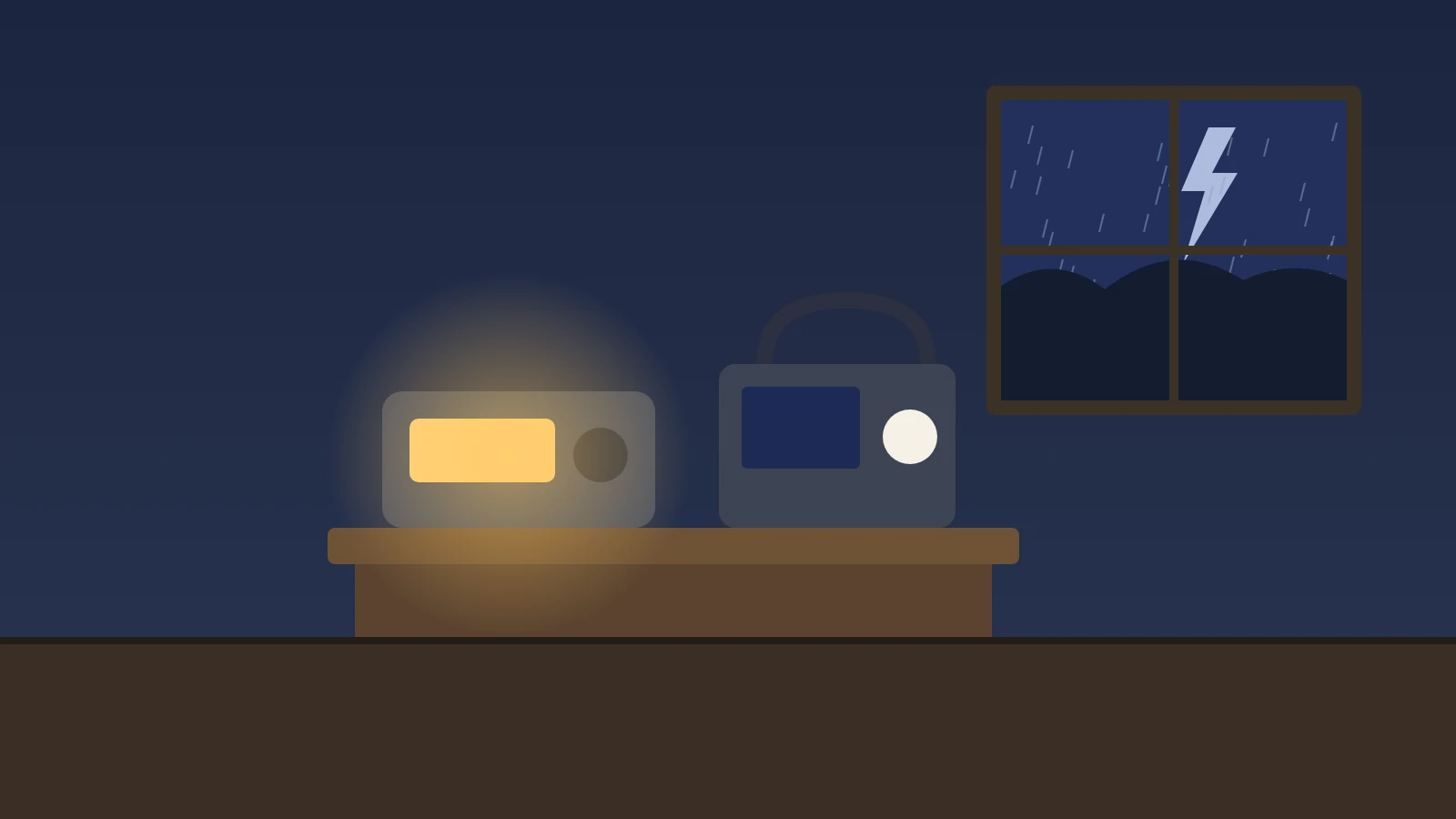 Illustration: a weather alert radio and a hand-crank solar radio on a nightstand during a thunderstorm