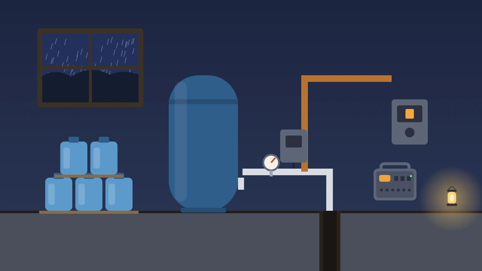 Illustration: a utility room during a rainstorm with a well pressure tank, pressure switch and gauge, a transfer switch on the wall, a portable power station, a lantern, and stacked water jugs