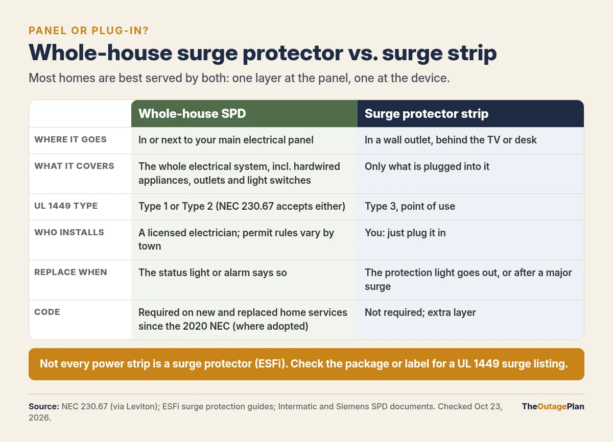 Comparison of a whole-house surge protective device and a surge protector strip: the whole-house SPD goes in or next to the main panel, covers the whole electrical system, is UL 1449 Type 1 or Type 2 as NEC 230.67 allows, is installed by a licensed electrician and has been required on new and replaced home services since the 2020 NEC where adopted; the strip plugs into a wall outlet, protects only what is plugged into it, is Type 3 point of use, and should be replaced when its protection light goes out or after a major surge. Not every power strip is a surge protector