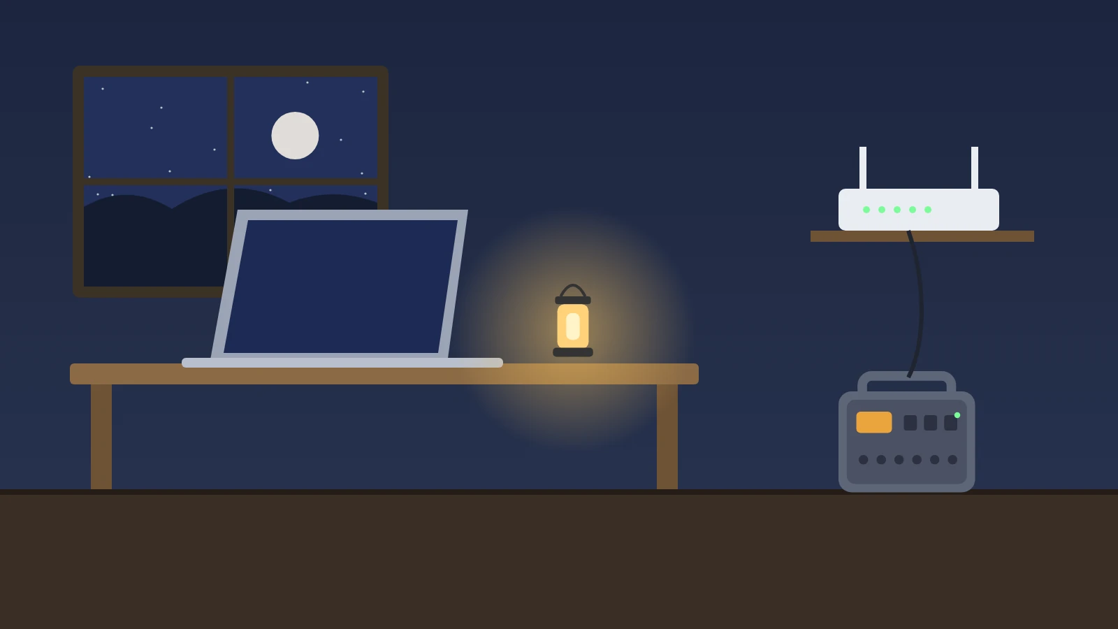 Illustration: a home office at night during an outage with a laptop, a Wi-Fi router on a shelf, and a portable power station on the floor