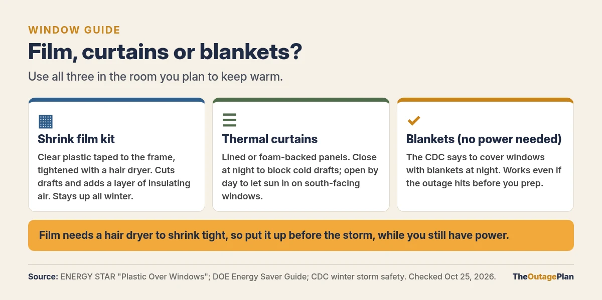 Window guide comparing three options for a winter outage: a shrink film kit, clear plastic taped to the frame and tightened with a hair dryer, cuts drafts, adds a layer of insulating air and stays up all winter; thermal curtains, lined or foam-backed panels, close at night to block cold drafts and open by day to let sun in on south-facing windows; blankets need no power, and the CDC says to cover windows with blankets at night. Film needs a hair dryer, so put it up before the storm. Sources: ENERGY STAR, DOE Energy Saver and CDC